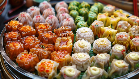 Various types of sushi and rolls on a plateの素材