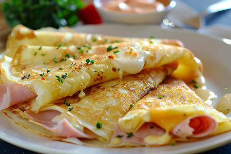 Pancakes with ham, cheese and herbs on a wooden backgroundの素材