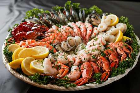 Seafood platter on a wooden tableの素材