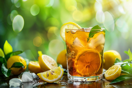 Cup of iced tea with lemon and mint on wooden tableの素材