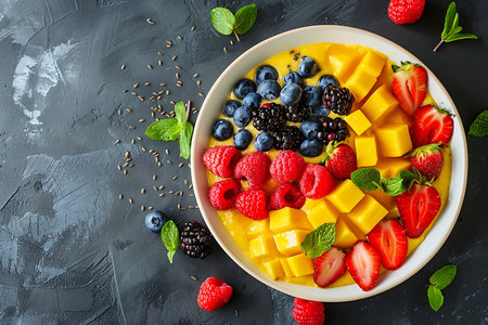 Healthy breakfast bowl with oatmeal, berries and fruits on wooden tableの素材