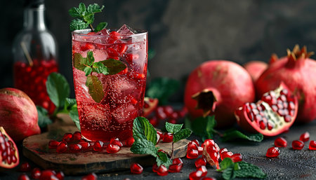 Refreshing pomegranate cocktail with ice and mint on dark backgroundの素材