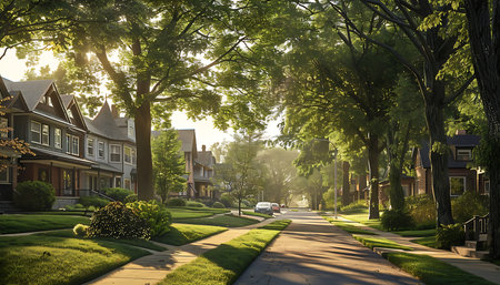 Cars parked in a row on a streetの素材
