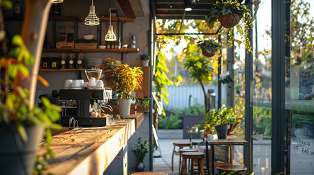 Interior of a modern coffee shop with green plants and wooden tablesの素材