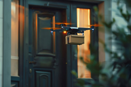 Drone quadcopter with digital camera flying on the streetの素材