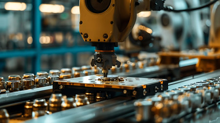 Robotic arm working on assembly line in factoryの素材