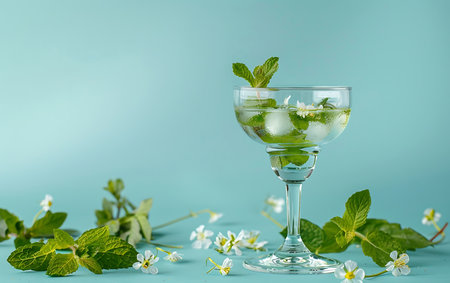 Glass of iced lemonade with jasmine flowers on blue backgroundの素材