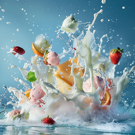 Fruit cake with ice cream splash and falling fruitsの素材