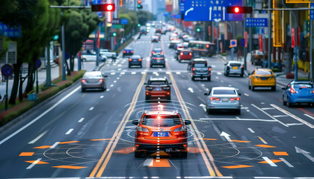 Car on the road with traffic jam in the cityの素材