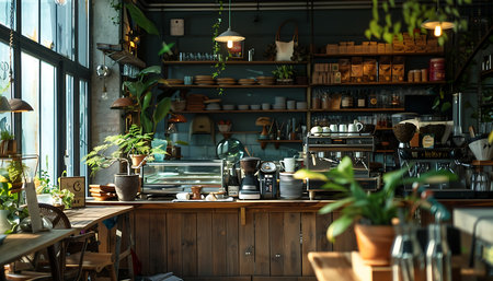 Interior of a modern coffee shop with green plants and wooden tablesの素材