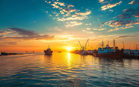 Wonderful boats in the harbor at sunset,の素材