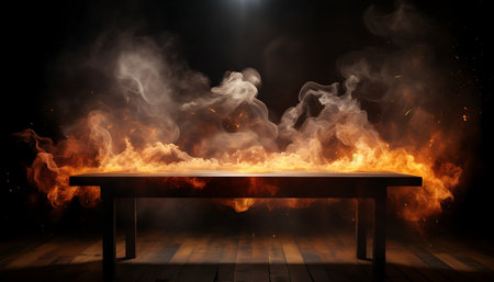 Wooden table with burning fire and bokeh lights on backgroundの素材