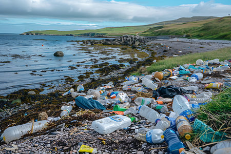 A view of a beach full of plastic wasteの素材