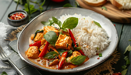 Rice topped with stir fried chicken with curry sauce and basil leavesの素材