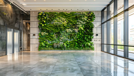 Exterior of modern office building with green plantsの素材