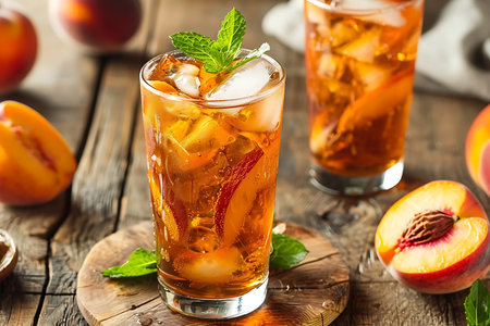 Peach ice tea with mint in a glass on a wooden backgroundの素材