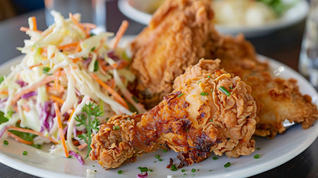 Crispy fried chicken with coleslaw salad on a plateの素材