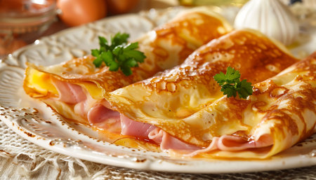 Pancakes with ham, cheese and herbs on a wooden backgroundの素材