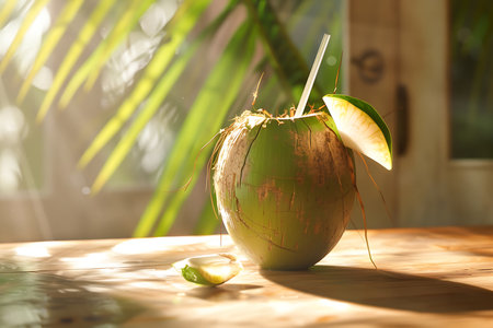 Coconut with straw on leaf in the morning lightの素材
