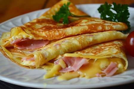 Pancakes with ham, cheese and herbs on a wooden backgroundの素材