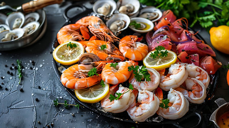 Seafood platter on a wooden tableの素材