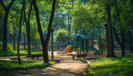 A serene park children playground in the park at sunsetの素材