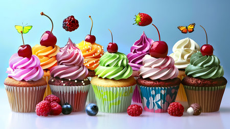 Colorful cupcakes on display for sale at a market stallの素材