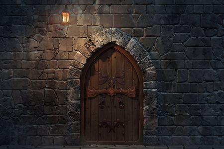 Wooden door in the stone wallの素材