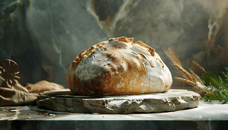 Freshly baked bread on tableの素材