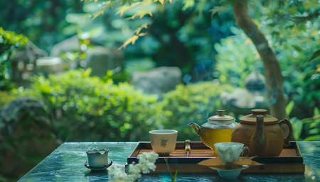 Coffee cup and teapot on wooden table in gardenの素材
