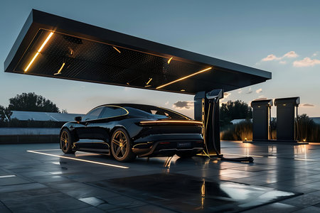 Electric car charging station in the eveningの素材