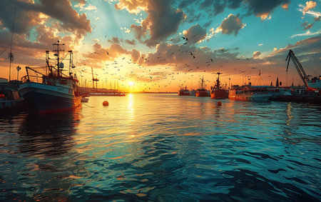 Wonderful boats in the harbor at sunset,の素材