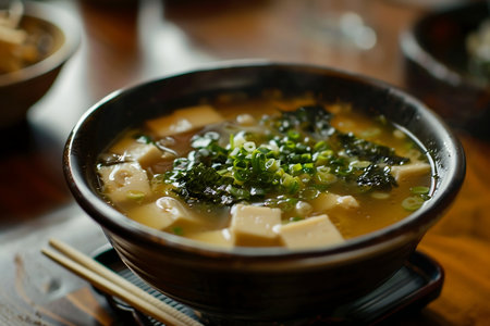 Miso soup with tofu and kale in bowlの素材