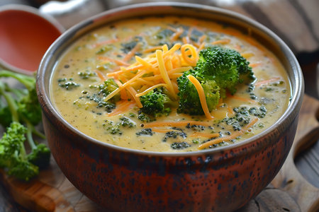Creamy broccoli soup with cheese and paprika in a bowlの素材