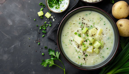 Creamy potato soup with chives and onion in a bowlの素材