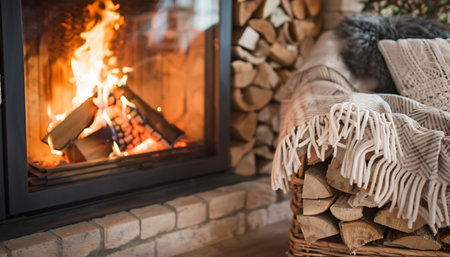 Cozy living room interior with fireplace and carpetの素材