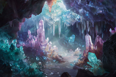 Ice cave with icicles and rays of lightの素材