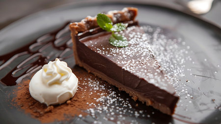 A piece of chocolate cake on a white plateの素材