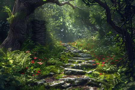 Pathway in the forest with misty trees and rocksの素材