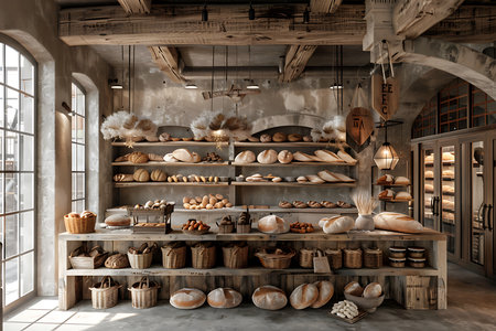 Bakery shop interior with shelves full of fresh breadの素材