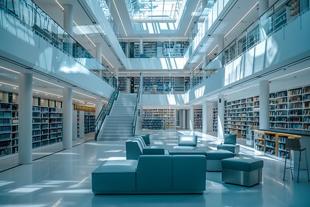 Interior of modern library with bookshelf and glass wallsの素材