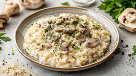 Risotto with mushrooms and parsley in a plate on a light backgroundの素材