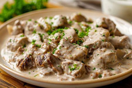 Beef stroganoff with mushroom sauce on a white plateの素材
