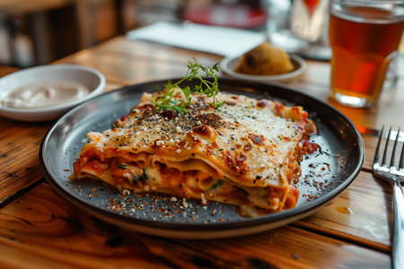 Delicious lasagna with spinach and cheese on wooden tableの素材