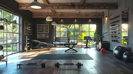 Interior of a modern gym with fitness equipmentの素材
