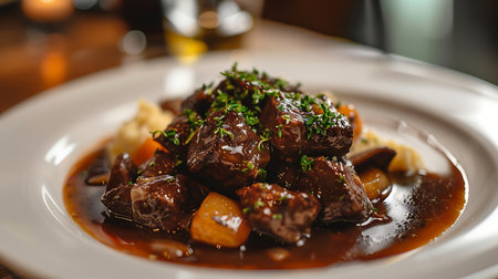 Beef Bourguignon in wine sauce served in a restaurantの素材