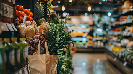 A bag filled with fresh vegetables and fruits in a storeの素材