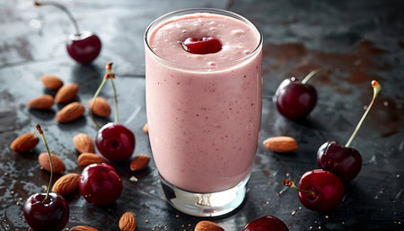 Glass of tasty cherry smoothie on wooden tableの素材