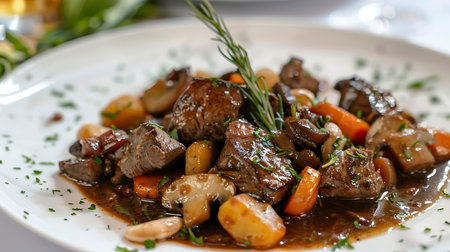 Beef Bourguignon in wine sauce served in a restaurantの素材