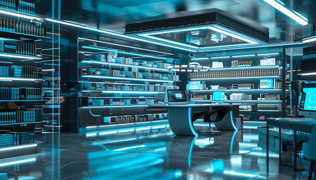 Interior of modern library with bookshelf and glass wallsの素材